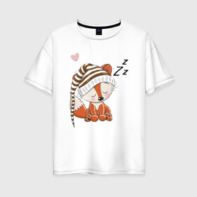 Женская футболка хлопок Oversize с принтом Сонный лисенок в Санкт-Петербурге, 100% хлопок | свободный крой, круглый ворот, спущенный рукав, длина до линии бедер
 | fox | foxed | арт | лис | лиса | лисенок | лисичка | пушистик | рыжая | рыжмй хвост