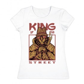 Женская футболка хлопок с принтом King of the street в Санкт-Петербурге, 100% хлопок | прямой крой, круглый вырез горловины, длина до линии бедер, слегка спущенное плечо | king | животные | звери | король | король улиц | кот | кошка | кошки | лев | природа | улица