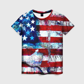 Женская футболка 3D с принтом АМЕРИКА в Санкт-Петербурге, 100% полиэфир ( синтетическое хлопкоподобное полотно) | прямой крой, круглый вырез горловины, длина до линии бедер | usa | абстракция | америка | американский | герб | звезды | краска | символика сша | страны | сша | флаг | штаты