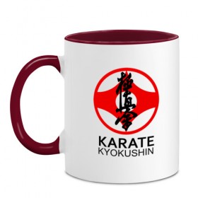 Кружка двухцветная с принтом Karate Kyokushin в Санкт-Петербурге, керамика | объем — 330 мл, диаметр — 80 мм. Цветная ручка и кайма сверху, в некоторых цветах — вся внутренняя часть | Тематика изображения на принте: box | boxing | bruce lee | champion | dragon | fight | fighter | judo | muay thai | team | tiger | ufc | али | боевые | боец | бой | бокс | боксер | борьба | брюс ли | воин | дзюдо | дракон | единоборства | искусство | карате | контакт | кулак | лев