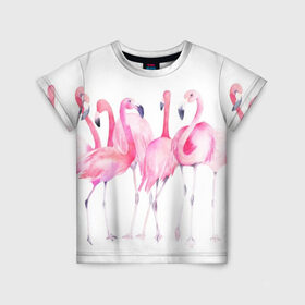 Детская футболка 3D с принтом Фламинго в Санкт-Петербурге, 100% гипоаллергенный полиэфир | прямой крой, круглый вырез горловины, длина до линии бедер, чуть спущенное плечо, ткань немного тянется | Тематика изображения на принте: art | birds | flamingo | flock | illustration | pink | summer | watercolor | акварель | иллюстрация | искусство | лето | птицы | розовый | стая | фламинго