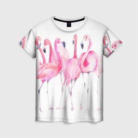 Женская футболка 3D с принтом Фламинго в Санкт-Петербурге, 100% полиэфир ( синтетическое хлопкоподобное полотно) | прямой крой, круглый вырез горловины, длина до линии бедер | art | birds | flamingo | flock | illustration | pink | summer | watercolor | акварель | иллюстрация | искусство | лето | птицы | розовый | стая | фламинго