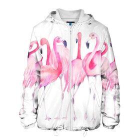 Мужская куртка 3D с принтом Фламинго в Санкт-Петербурге, ткань верха — 100% полиэстер, подклад — флис | прямой крой, подол и капюшон оформлены резинкой с фиксаторами, два кармана без застежек по бокам, один большой потайной карман на груди. Карман на груди застегивается на липучку | Тематика изображения на принте: art | birds | flamingo | flock | illustration | pink | summer | watercolor | акварель | иллюстрация | искусство | лето | птицы | розовый | стая | фламинго