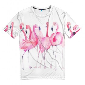 Мужская футболка 3D с принтом Фламинго в Санкт-Петербурге, 100% полиэфир | прямой крой, круглый вырез горловины, длина до линии бедер | Тематика изображения на принте: art | birds | flamingo | flock | illustration | pink | summer | watercolor | акварель | иллюстрация | искусство | лето | птицы | розовый | стая | фламинго