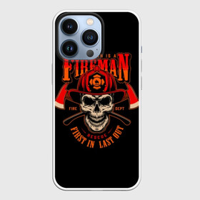 Чехол для iPhone 13 Pro с принтом Пожарный в Санкт-Петербурге,  |  | axes | crossed | emblem | fire | fireman | helmet | red | retro | skull | vintage | каска | красные | огонь | пожарный | рэтро | скрещенные | старинная | топоры | череп | эмблема