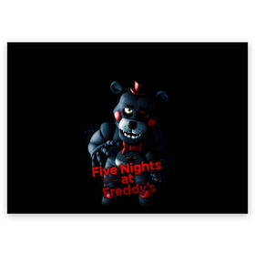 Поздравительная открытка с принтом Five Nights At Freddys в Санкт-Петербурге, 100% бумага | плотность бумаги 280 г/м2, матовая, на обратной стороне линовка и место для марки
 | Тематика изображения на принте: five nights at freddys | foxy | аниматроники | игра | компьютерная игра | робот | фокси | фредди | фреди | чика