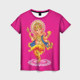 Женская футболка 3D с принтом Ганеша в Санкт-Петербурге, 100% полиэфир ( синтетическое хлопкоподобное полотно) | прямой крой, круглый вырез горловины, длина до линии бедер | Тематика изображения на принте: character | deity | elephant | four | ganesh | god | gold | hands | head | hinduism | jewel | jewels | lord | ornament | pattern | well being | wisdom | благополучие | бог | божество | владыка | ганеша | голова | драгоценности | золото | индуизм | мудрост
