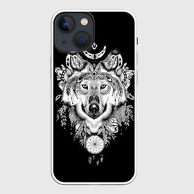 Чехол для iPhone 13 mini с принтом Ацтекский волк в Санкт-Петербурге,  |  | animal | art | aztec | black and white | ca | crystals | dreams | feathers | graphics | head | look | muzzle | ornament | patterns | predator | style | wild | wolf | взгляд | волк | голова | графика | дикий | животное | искусство | кристаллы | ловец | мор