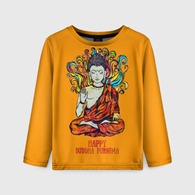 Детский лонгслив 3D с принтом Happy Buddha Purnima в Санкт-Петербурге, 100% полиэстер | длинные рукава, круглый вырез горловины, полуприлегающий силуэт
 | buddha | golden | happy | indian | kesa | lotus | monk | orange | ornament | pattern | pose | religion | shakyamuni | spiritual | te | будда | буддизм | духовный | золотой | индийский | кашая | кэса | лотос | оранжевый | орнамент | основатель | по