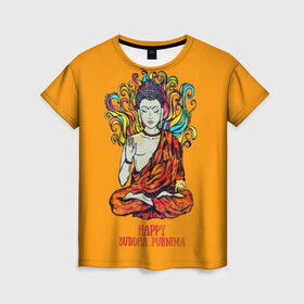 Женская футболка 3D с принтом Happy Buddha Purnima в Санкт-Петербурге, 100% полиэфир ( синтетическое хлопкоподобное полотно) | прямой крой, круглый вырез горловины, длина до линии бедер | buddha | golden | happy | indian | kesa | lotus | monk | orange | ornament | pattern | pose | religion | shakyamuni | spiritual | te | будда | буддизм | духовный | золотой | индийский | кашая | кэса | лотос | оранжевый | орнамент | основатель | по