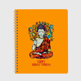 Тетрадь с принтом Happy Buddha Purnima в Санкт-Петербурге, 100% бумага | 48 листов, плотность листов — 60 г/м2, плотность картонной обложки — 250 г/м2. Листы скреплены сбоку удобной пружинной спиралью. Уголки страниц и обложки скругленные. Цвет линий — светло-серый
 | Тематика изображения на принте: buddha | golden | happy | indian | kesa | lotus | monk | orange | ornament | pattern | pose | religion | shakyamuni | spiritual | te | будда | буддизм | духовный | золотой | индийский | кашая | кэса | лотос | оранжевый | орнамент | основатель | по
