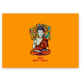 Поздравительная открытка с принтом Happy Buddha Purnima в Санкт-Петербурге, 100% бумага | плотность бумаги 280 г/м2, матовая, на обратной стороне линовка и место для марки
 | Тематика изображения на принте: buddha | golden | happy | indian | kesa | lotus | monk | orange | ornament | pattern | pose | religion | shakyamuni | spiritual | te | будда | буддизм | духовный | золотой | индийский | кашая | кэса | лотос | оранжевый | орнамент | основатель | по