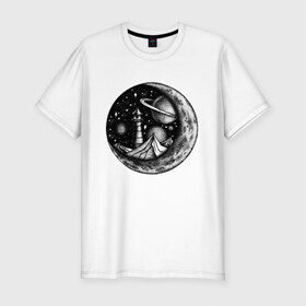Мужская футболка премиум с принтом космос в Санкт-Петербурге, 92% хлопок, 8% лайкра | приталенный силуэт, круглый вырез ворота, длина до линии бедра, короткий рукав | астрономия | вселенная | галактика | графика | звезды | инопланетяне | космос | луна | нло