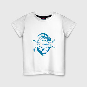 Детская футболка хлопок с принтом Плавание в Санкт-Петербурге, 100% хлопок | круглый вырез горловины, полуприлегающий силуэт, длина до линии бедер | Тематика изображения на принте: бассейн | вода | волна | дельфин | плавание | пловец