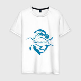Мужская футболка хлопок с принтом Плавание в Санкт-Петербурге, 100% хлопок | прямой крой, круглый вырез горловины, длина до линии бедер, слегка спущенное плечо. | бассейн | вода | волна | дельфин | плавание | пловец