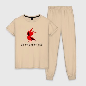 Женская пижама хлопок с принтом CD RPOJECT RED в Санкт-Петербурге, 100% хлопок | брюки и футболка прямого кроя, без карманов, на брюках мягкая резинка на поясе и по низу штанин | 2019 | cd project red | cyberpunk 2077 | future | hack | night city | samurai | sci fi | андроиды | безумие | будущее | киберпанк 2077 | логотип | роботы | самураи | фантастика | цифры
