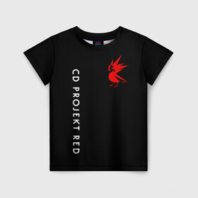 Детская футболка 3D с принтом CD RPOJECT RED в Санкт-Петербурге, 100% гипоаллергенный полиэфир | прямой крой, круглый вырез горловины, длина до линии бедер, чуть спущенное плечо, ткань немного тянется | Тематика изображения на принте: 2019 | cd project red | cyberpunk 2077 | future | hack | night city | samurai | sci fi | андроиды | безумие | будущее | киберпанк 2077 | логотип | роботы | самураи | фантастика | цифры