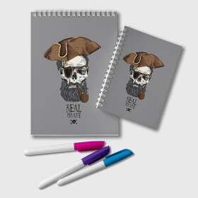 Блокнот с принтом Real pirate в Санкт-Петербурге, 100% бумага | 48 листов, плотность листов — 60 г/м2, плотность картонной обложки — 250 г/м2. Листы скреплены удобной пружинной спиралью. Цвет линий — светло-серый
 | Тематика изображения на принте: beard | bones | crossed | drawing | font | funny | graphics | hat | inscription | mustache | one eyed | pipe | pirate | real | roger | skull | smoking | борода | весёлый | графика | кости | кури | надпись | одноглазый | перекрещенные | пират | реальный | 