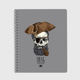 Тетрадь с принтом Real pirate в Санкт-Петербурге, 100% бумага | 48 листов, плотность листов — 60 г/м2, плотность картонной обложки — 250 г/м2. Листы скреплены сбоку удобной пружинной спиралью. Уголки страниц и обложки скругленные. Цвет линий — светло-серый
 | beard | bones | crossed | drawing | font | funny | graphics | hat | inscription | mustache | one eyed | pipe | pirate | real | roger | skull | smoking | борода | весёлый | графика | кости | кури | надпись | одноглазый | перекрещенные | пират | реальный | 