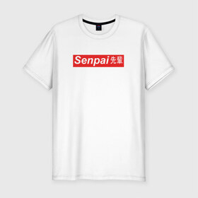 Мужская футболка премиум с принтом SENPAI в Санкт-Петербурге, 92% хлопок, 8% лайкра | приталенный силуэт, круглый вырез ворота, длина до линии бедра, короткий рукав | ahegao | anime | senpai | аниме | ахегао | иероглифы | семпай | сенпай