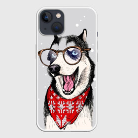 Чехол для iPhone 13 с принтом Хаски в Санкт-Петербурге,  |  | animal | blue | breed | dog | drawing | eyes | graphic | husky | jaws | knitted | open | ornament | pattern | shawl | snow | winter | вязаный | глаза | голубые | графический | животное | зима | орнамент | открытая | очки | платок | порода | рису