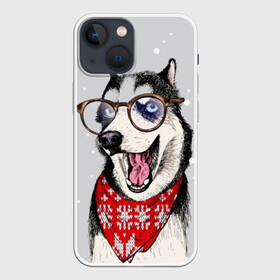 Чехол для iPhone 13 mini с принтом Хаски в Санкт-Петербурге,  |  | animal | blue | breed | dog | drawing | eyes | graphic | husky | jaws | knitted | open | ornament | pattern | shawl | snow | winter | вязаный | глаза | голубые | графический | животное | зима | орнамент | открытая | очки | платок | порода | рису