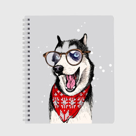 Тетрадь с принтом Хаски в Санкт-Петербурге, 100% бумага | 48 листов, плотность листов — 60 г/м2, плотность картонной обложки — 250 г/м2. Листы скреплены сбоку удобной пружинной спиралью. Уголки страниц и обложки скругленные. Цвет линий — светло-серый
 | Тематика изображения на принте: animal | blue | breed | dog | drawing | eyes | graphic | husky | jaws | knitted | open | ornament | pattern | shawl | snow | winter | вязаный | глаза | голубые | графический | животное | зима | орнамент | открытая | очки | платок | порода | рису