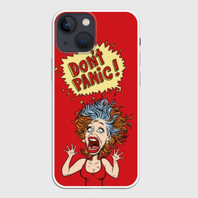 Чехол для iPhone 13 mini с принтом Dont panic в Санкт-Петербурге,  |  | colored | comic | drawing | eyes | hair | horror | mouth | no | open | panic | pop art | protruding | retro | screaming | sticking out | woman | волосы | выпученные | глаза | дыбом | женщина | комикс | кричит | нет | открытый | паника | поп арт | ретро | 