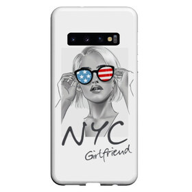 Чехол для Samsung Galaxy S10 с принтом NYC girlfriend в Санкт-Петербурге, Силикон | Область печати: задняя сторона чехла, без боковых панелей | Тематика изображения на принте: beautiful | blonde | city | flag | girl | girlfriend | new york | reflection | stars | stripes | usa | блондинка | город | девушка | звезды | красивая | нью йорк | отражение | очки | подруга | полосы | сша | флаг