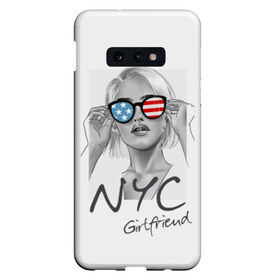 Чехол для Samsung S10E с принтом NYC girlfriend в Санкт-Петербурге, Силикон | Область печати: задняя сторона чехла, без боковых панелей | Тематика изображения на принте: beautiful | blonde | city | flag | girl | girlfriend | new york | reflection | stars | stripes | usa | блондинка | город | девушка | звезды | красивая | нью йорк | отражение | очки | подруга | полосы | сша | флаг