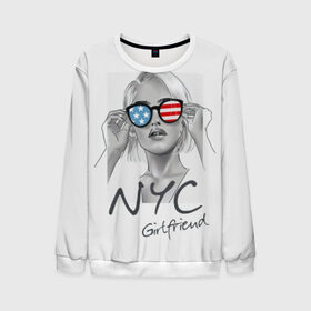 Мужской свитшот 3D с принтом NYC girlfriend в Санкт-Петербурге, 100% полиэстер с мягким внутренним слоем | круглый вырез горловины, мягкая резинка на манжетах и поясе, свободная посадка по фигуре | beautiful | blonde | city | flag | girl | girlfriend | new york | reflection | stars | stripes | usa | блондинка | город | девушка | звезды | красивая | нью йорк | отражение | очки | подруга | полосы | сша | флаг