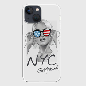 Чехол для iPhone 13 mini с принтом NYC girlfriend в Санкт-Петербурге,  |  | beautiful | blonde | city | flag | girl | girlfriend | new york | reflection | stars | stripes | usa | блондинка | город | девушка | звезды | красивая | нью йорк | отражение | очки | подруга | полосы | сша | флаг
