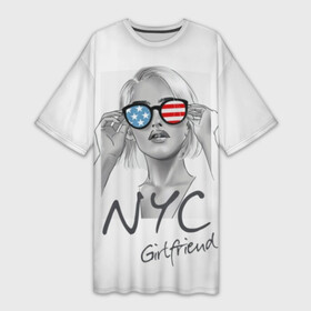 Платье-футболка 3D с принтом NYC girlfriend в Санкт-Петербурге,  |  | beautiful | blonde | city | flag | girl | girlfriend | new york | reflection | stars | stripes | usa | блондинка | город | девушка | звезды | красивая | нью йорк | отражение | очки | подруга | полосы | сша | флаг