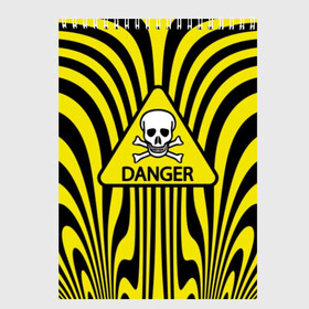 Скетчбук с принтом Danger в Санкт-Петербурге, 100% бумага
 | 48 листов, плотность листов — 100 г/м2, плотность картонной обложки — 250 г/м2. Листы скреплены сверху удобной пружинной спиралью | danger | skull | triangle | wave | yellow | волна | желтый | опасность | треугольник | череп