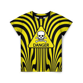 Детская футболка 3D с принтом Danger в Санкт-Петербурге, 100% гипоаллергенный полиэфир | прямой крой, круглый вырез горловины, длина до линии бедер, чуть спущенное плечо, ткань немного тянется | danger | skull | triangle | wave | yellow | волна | желтый | опасность | треугольник | череп