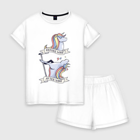 Женская пижама с шортиками хлопок с принтом Единорог в Санкт-Петербурге, 100% хлопок | футболка прямого кроя, шорты свободные с широкой мягкой резинкой | unicorn | винишко | вино | винчик | единорог