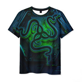 Мужская футболка 3D с принтом RAZER в Санкт-Петербурге, 100% полиэфир | прямой крой, круглый вырез горловины, длина до линии бедер | game | razer | texture | зеленый | игровое лого | игромания | игры | рэйзер | текстуры