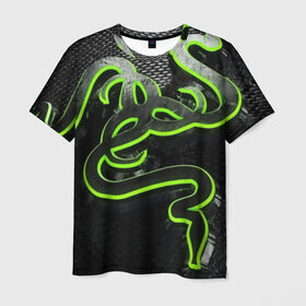 Мужская футболка 3D с принтом RAZER в Санкт-Петербурге, 100% полиэфир | прямой крой, круглый вырез горловины, длина до линии бедер | game | razer | texture | зеленый | игровое лого | игромания | игры | рэйзер | текстуры