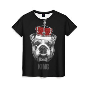 Женская футболка 3D с принтом Английский бульдог с короной в Санкт-Петербурге, 100% полиэфир ( синтетическое хлопкоподобное полотно) | прямой крой, круглый вырез горловины, длина до линии бедер | animals | authority | breed | bulldog | cool | crown | dog | english | fighting | head | illustration | inscription | king | muzzle | supreme | swag | авторитет | английский | бойцовый | бульдог | верховный | голова | животные | иллюстрация | король | кор