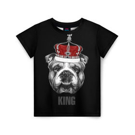 Детская футболка 3D с принтом Английский бульдог с короной в Санкт-Петербурге, 100% гипоаллергенный полиэфир | прямой крой, круглый вырез горловины, длина до линии бедер, чуть спущенное плечо, ткань немного тянется | animals | authority | breed | bulldog | cool | crown | dog | english | fighting | head | illustration | inscription | king | muzzle | supreme | swag | авторитет | английский | бойцовый | бульдог | верховный | голова | животные | иллюстрация | король | кор