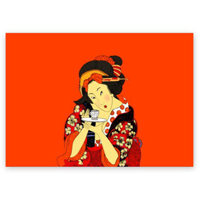 Поздравительная открытка с принтом Японка в Санкт-Петербурге, 100% бумага | плотность бумаги 280 г/м2, матовая, на обратной стороне линовка и место для марки
 | brunette | ceremony | culture | east | flowers | geisha | hairstyle | japan | japanese woman | kimono | makeup | tea | traditions | брюнетка | восток | кимоно | культура | макияж | прическа | традиции | цветы | церемония | чай | чайная | япония | 