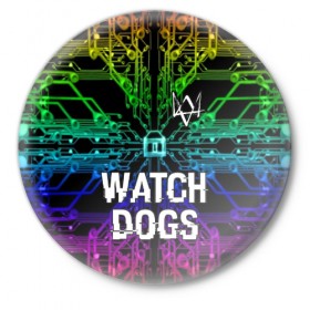 Значок с принтом WATCH DOGS в Санкт-Петербурге,  металл | круглая форма, металлическая застежка в виде булавки | action | ct os | ded sec | fox | game | gamer | glitch | hacker | player | watch dogs | watch dogs 2 | глитч | знак лиса | игра | компьютерная игра | маркус | хакер
