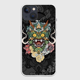 Чехол для iPhone 13 с принтом Дракон в Санкт-Петербурге,  |  | character | dragon | east | eyes | fangs | horns | japan | japanese | legend | mask | mythological | pattern | yellow | восток | глаза | дракон | желтые | клыки | легенда | маска | мифологический | персонаж | рога | узор | япония | японский