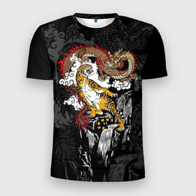 Мужская футболка 3D спортивная с принтом Тигр и дракон в Санкт-Петербурге, 100% полиэстер с улучшенными характеристиками | приталенный силуэт, круглая горловина, широкие плечи, сужается к линии бедра | animals | clouds | country | dragon | east | fangs | japanese | mythical | nature | predator | rising | sun | tiger | восток | восходящего | дракон | животные | клыки | мифический | облака | природа | солнца | страна | тигр | хищник | японский