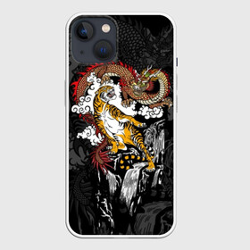 Чехол для iPhone 13 с принтом Тигр и дракон в Санкт-Петербурге,  |  | Тематика изображения на принте: animals | clouds | country | dragon | east | fangs | japanese | mythical | nature | predator | rising | sun | tiger | восток | восходящего | дракон | животные | клыки | мифический | облака | природа | солнца | страна | тигр | хищник | японский