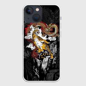 Чехол для iPhone 13 mini с принтом Тигр и дракон в Санкт-Петербурге,  |  | animals | clouds | country | dragon | east | fangs | japanese | mythical | nature | predator | rising | sun | tiger | восток | восходящего | дракон | животные | клыки | мифический | облака | природа | солнца | страна | тигр | хищник | японский