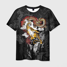 Мужская футболка 3D с принтом Тигр и дракон в Санкт-Петербурге, 100% полиэфир | прямой крой, круглый вырез горловины, длина до линии бедер | animals | clouds | country | dragon | east | fangs | japanese | mythical | nature | predator | rising | sun | tiger | восток | восходящего | дракон | животные | клыки | мифический | облака | природа | солнца | страна | тигр | хищник | японский