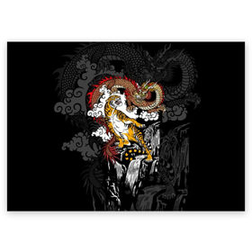 Поздравительная открытка с принтом Тигр и дракон в Санкт-Петербурге, 100% бумага | плотность бумаги 280 г/м2, матовая, на обратной стороне линовка и место для марки
 | animals | clouds | country | dragon | east | fangs | japanese | mythical | nature | predator | rising | sun | tiger | восток | восходящего | дракон | животные | клыки | мифический | облака | природа | солнца | страна | тигр | хищник | японский