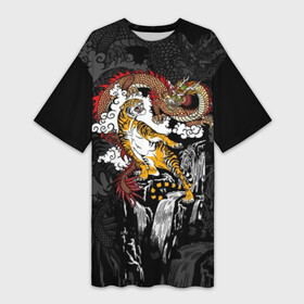 Платье-футболка 3D с принтом Тигр и дракон в Санкт-Петербурге,  |  | animals | clouds | country | dragon | east | fangs | japanese | mythical | nature | predator | rising | sun | tiger | восток | восходящего | дракон | животные | клыки | мифический | облака | природа | солнца | страна | тигр | хищник | японский