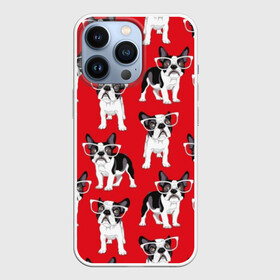 Чехол для iPhone 13 Pro с принтом Французские бульдоги в Санкт-Петербурге,  |  | animals | background | breed | bulldogs | dogs | french | illustration | painting | puppies | red | бульдоги | живопись | животные | иллюстрация | красный | очки | порода | собаки | фон | французские | щенки